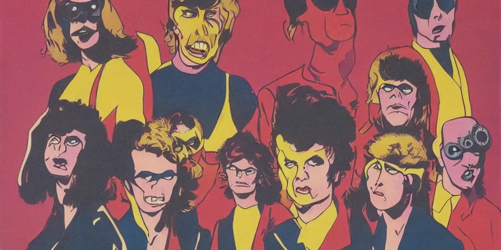 Image similar to cyclops 1980s pop band, 1980s surrealism aesthetic, detailed facial expressions