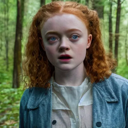 Image similar to Sadie Sink (Maxine Mayfield) from Stranger Things kneeling in a forest looking straight ahead, cinematic, soft realistic lighting, establishment scene, extremely high details, photorealistic, no shadows, 8k