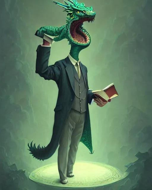 Prompt: anthropomorphic art of a businessman dragon, green dragon, portrait, victorian inspired clothing by artgerm, victo ngai, ryohei hase, artstation. fractal papers and books. highly detailed digital painting, smooth, global illumination, fantasy art by greg rutkowsky, karl spitzweg