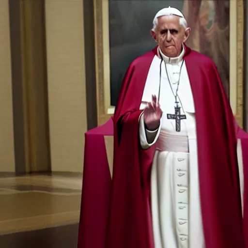 Image similar to pope benedict wearing sith cloak as chancelor palpatine in star wars episode 3, 8 k resolution, cinematic lighting, anatomically correct