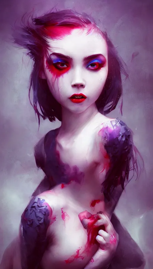 Image similar to shot of singer girl with pouty aerochrome ( ( ( lips ) ) ), powerful, adorable, expressive eyes, big evil grin, kawaii playful pose of a dancer, greg rutkowski, charlie bowater, yuumei, stephen gammell, unreal 5, daz, hyperrealistic, dark, dynamic lighting, fantasy art, beautiful face