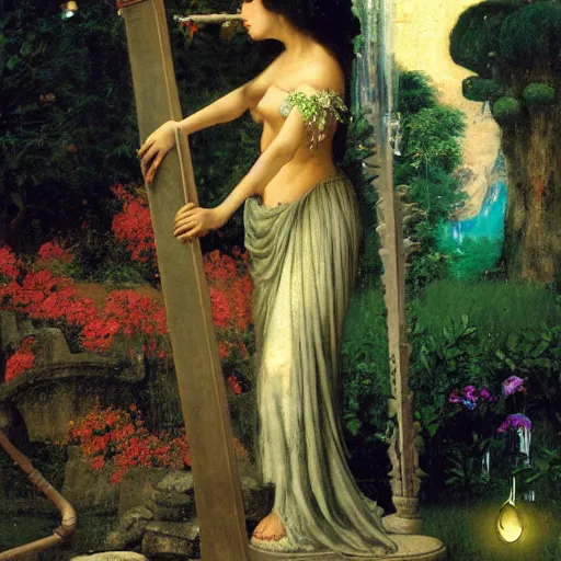 Prompt: A Latin sorceress playing the harp in an enchanted Zen garden, by Arnold Böcklin and Tang Sin Yun, breathtaking digital 2d cover art