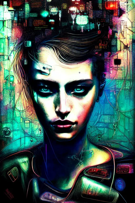 Image similar to dreamy cyberpunk girl, abstract black leather, digital nodes, beautiful woman, detailed acrylic, grunge, intricate complexity, by dan mumford and by lee jeffries, peter lindbergh