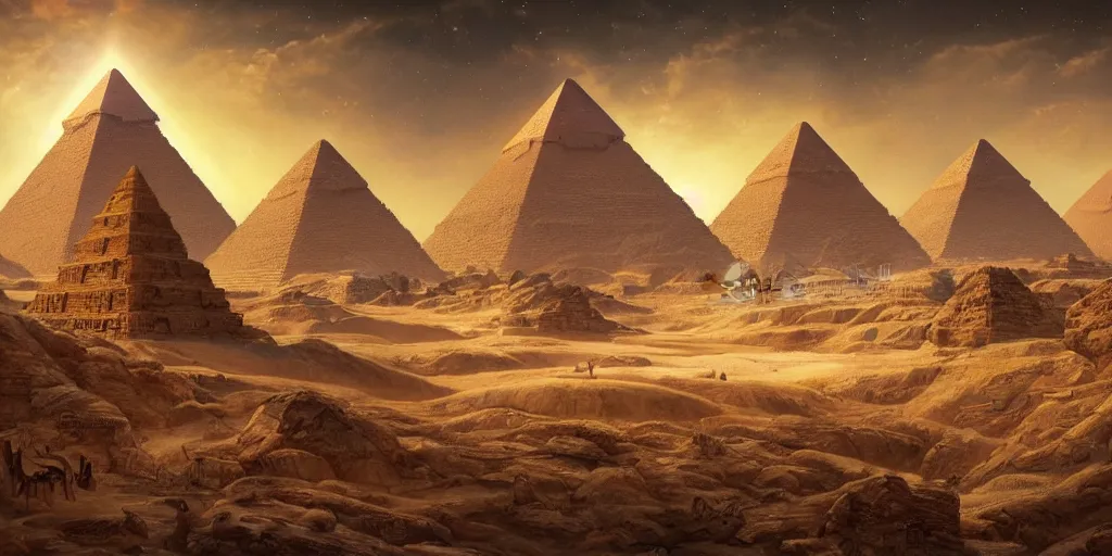 Image similar to beautiful painting of a landscape with alien pyramids with jewels and ornate gold decor by kim jakobsson, takato yamamoto, clement - auguste andrieux and santiago caruso trending on artstation sunshine rays cryengine behance hd 8 k 3 d 8 k resolution photoillustration ambient occlusion ancient egyptian hieroglyphs, stars with lasers