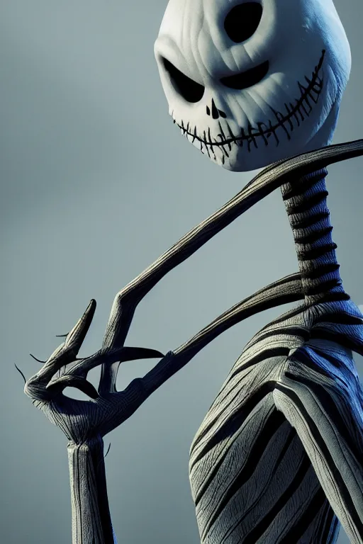 Image similar to a portrait of jack skellington, nightmare before christmas setting, dynamic pose, close - up, intricate details, intricately detailed clothing, intricate textures, warm lighting, vivid colors, smoke and mist, realistic octane render, hyper realistic render, volumetric shading, depth of field, raytracing, 8 k,