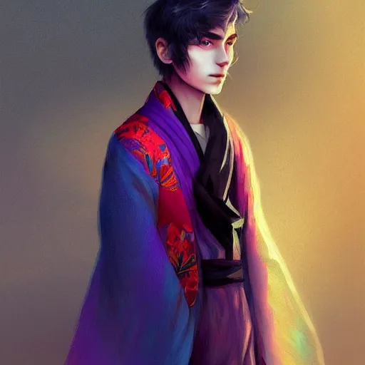 Image similar to colorful and festive captivating teenager boy with straight indigo hair, purple eyes with red eye markers, slim body, wearing a detailed japanese kimono. rich vivid colors, ambient lighting, dynamic lighting, 4 k, atmospheric lighting, painted, intricate, highly detailed by charlie bowater