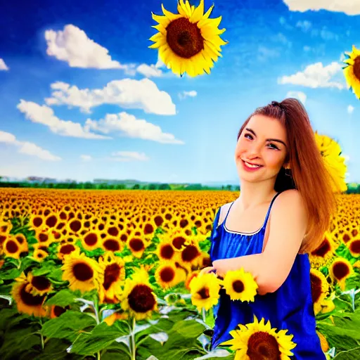 Image similar to Portrait, Illustration of a Ukrainian girl Smiling at the camera, Beautiful pretty young, flowers in her dark hair, Scene: Sunflower field, Colors: Yellow sunflowers, blue cloudy sky, In a style of Miniature World