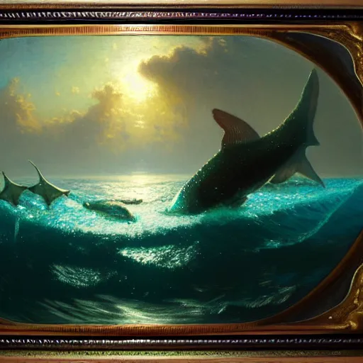 Image similar to point of view of deep in the ocean looking up, you see fishes, the milk way, night time, midnight, no sunlight. highly detailed painting by gaston bussiere, greg rutkowski 8 k