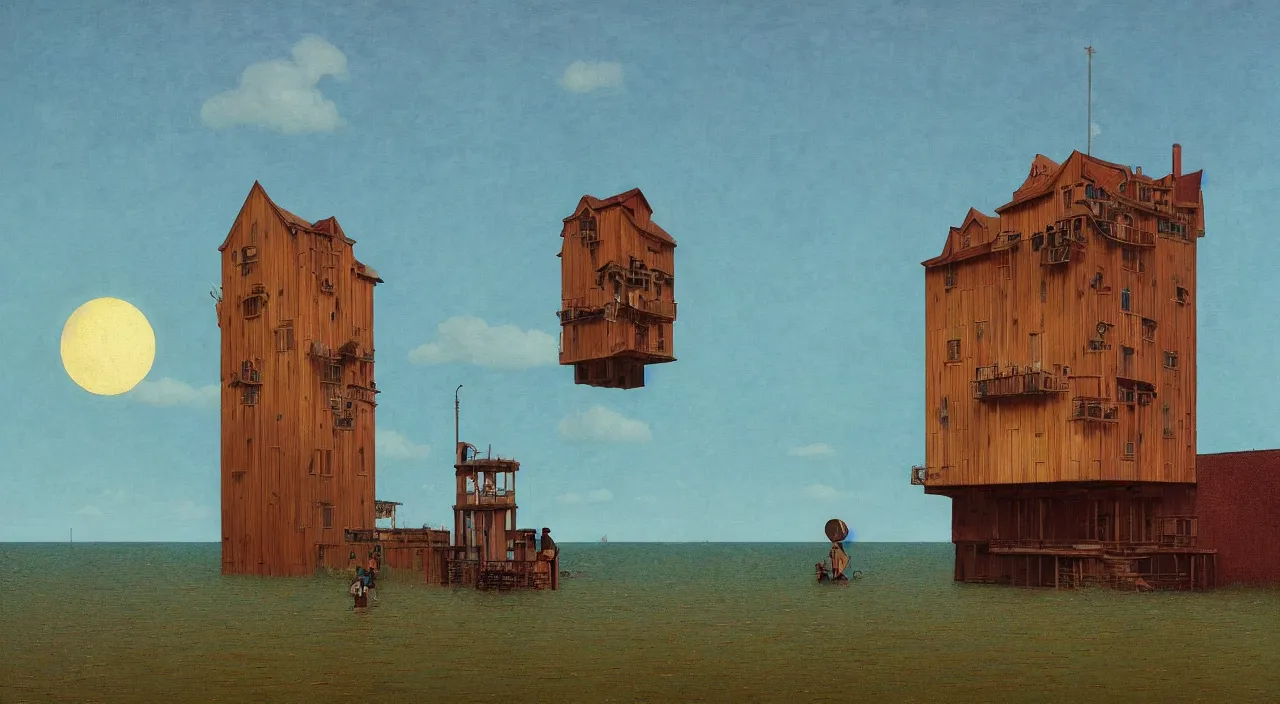 Prompt: single flooded simple infested wooden tower, very coherent and colorful high contrast!! masterpiece by rene magritte simon stalenhag carl spitzweg syd mead norman rockwell edward hopper james gilleard, minimalist, dark shadows, sunny day, hard lighting