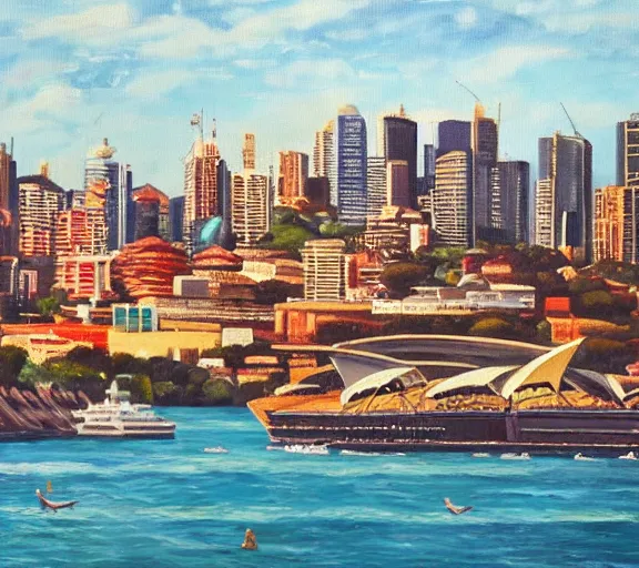 Image similar to an oil painting that combines the city of sydney and the city of guadalajara