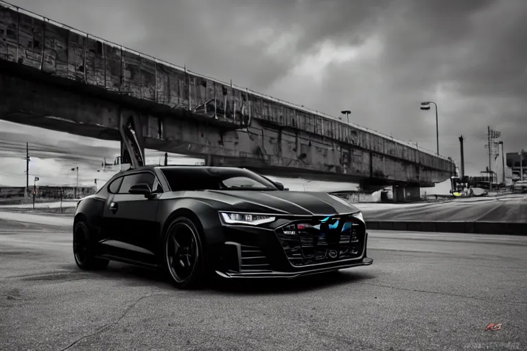 Image similar to widebody all black audi camaro b 9 ( 2 0 2 0 ), need for speed : carbon, at night, sci - fi, neon lines, phonk music background, smoke behind wheels, noise, dark, establishing shot, by simon stalenhag