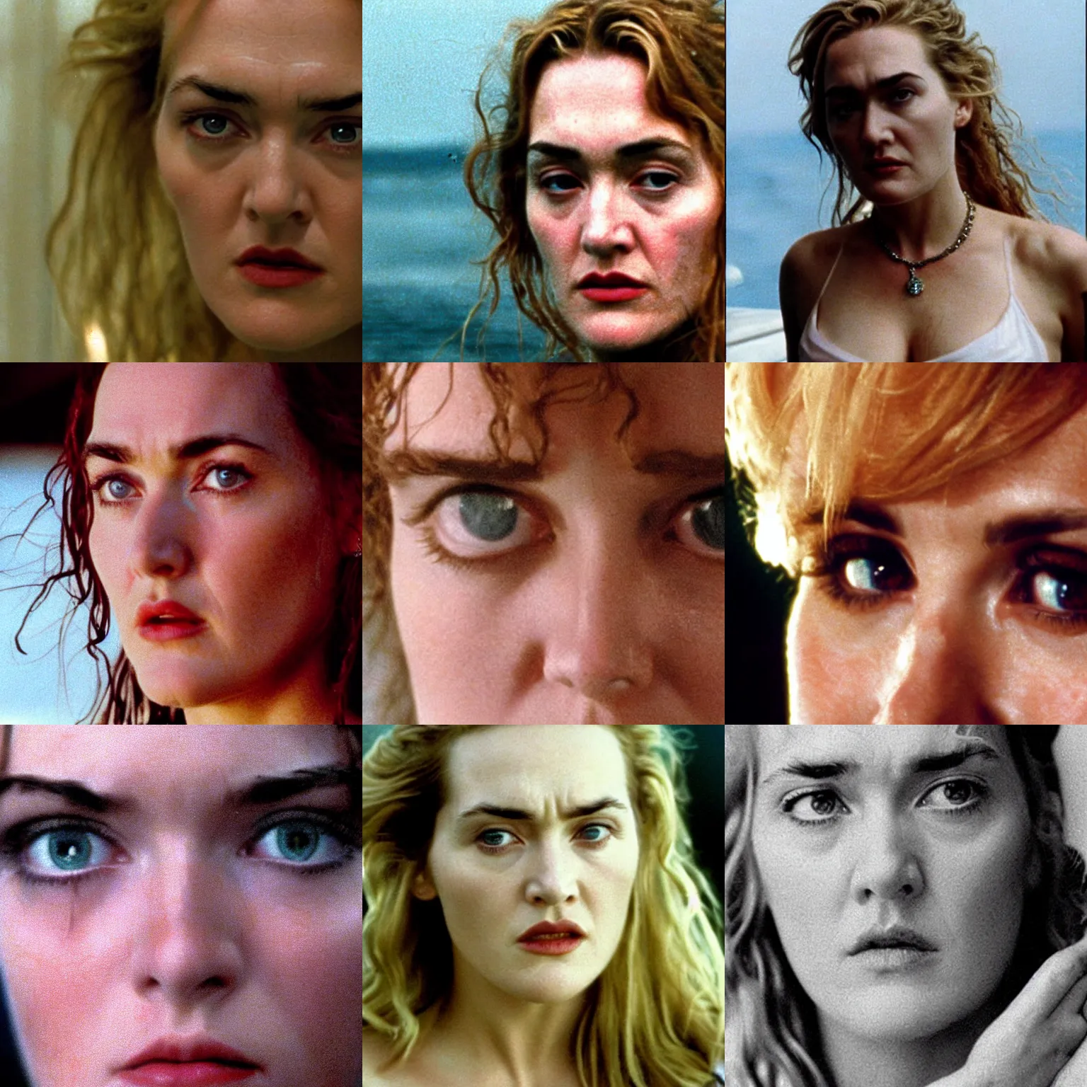 Prompt: extreme close - up. kubrick stare. titanic ( 1 9 9 7 ) kate winslet with wet hair. evil, sinister, menacing.