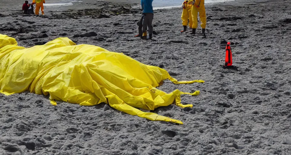 Prompt: Professional Photography, long shot, People in yellow chemical hazmat suits are investigating a huge creepy creature washed up on the beach.