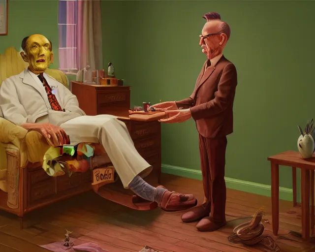 Image similar to the famous snake oil salesman Uncle Aloysius curing a patient of the pink wojacity, painting by Grant Wood, 3D rendering by Beeple, sketch by R. Crumb