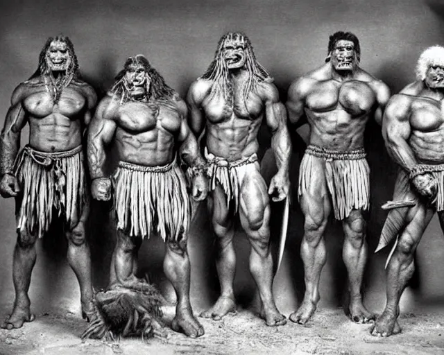 Image similar to hyper realistic group vintage photograph of a warrior orc tribe, tall, muscular, hulk like physique, tribal paint, tribal armor, highly detailed