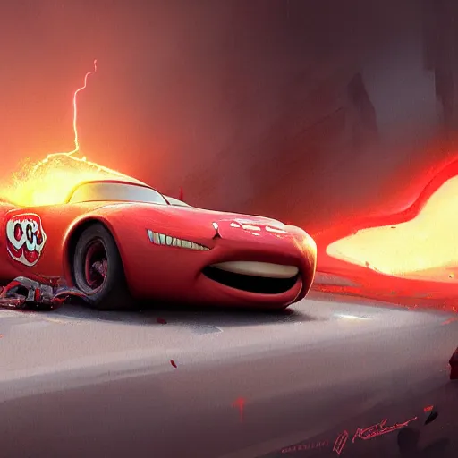 Image similar to lightning mcqueen crash in heavily by greg rutkowski