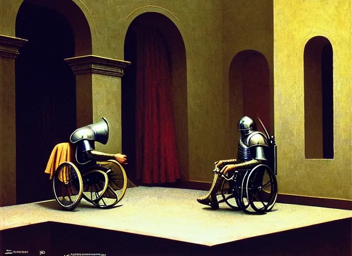 Image similar to knight in rich armor in a wheelchair do tricks & watch old tv, rome, highly detailed, soft lighting, elegant, by edward hopper and james gillard, zdislaw beksinski, stephen outram, andreas m wiese, carl spitzweg, syd mead, highly detailed, masterpiece, unreal 6, 8 k