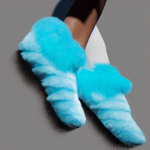 Image similar to nike shoe made of very fluffy cyan faux fur placed on reflective surface, professional advertising, overhead lighting, heavy detail, realistic by nate vanhook, mark miner