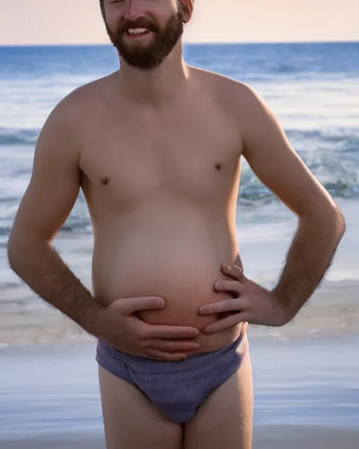 Image similar to 1800's photograph of a heavily pregnant handsome!!! man in his 20s on the beach, high quality image