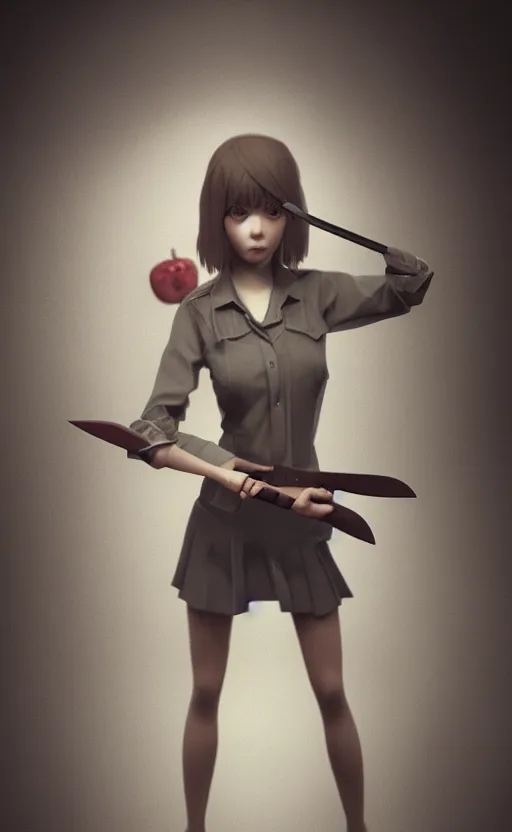 Image similar to school girl holding a knife, gloomy and foggy atmosphere, octane render, cgsociety, artstation trending, horror scene, highly detailded