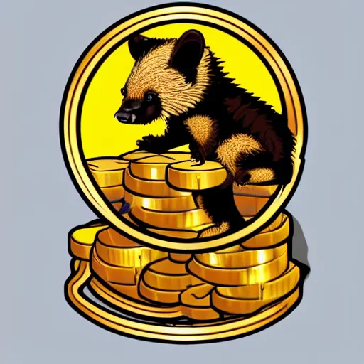 Prompt: a honey badger sitting on a large pile of gold coins, animated, sticker art, sticker, white border, digital art, trending on artstation, 4 k