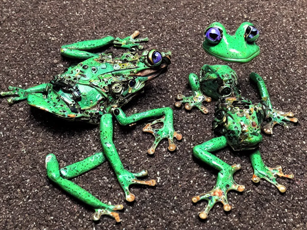 Prompt: a cyborg frog made from synthesizer parts in a dmt trip