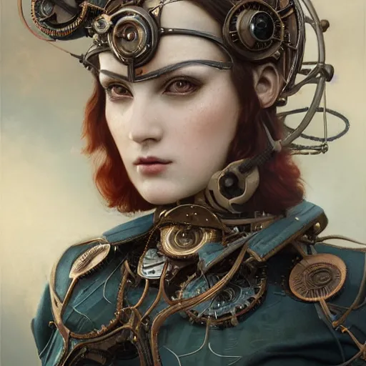 Prompt: by tom bagshaw, ultra realist vivid soft painting of a carnival of curiosities, single curvy flirt etheral young steampunk female in a full ornated armor gears, photorealistic facial traits, cables, led, flying machinery, partial symmetry accurate features, very intricate details, focus, award winning, ultra dense fog