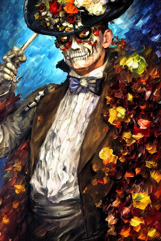 Image similar to palette knife oil painting portrait of a male baroque one - eyed cyborg demon gentleman wearing a tophat decorated with skulls and an arcane halo, floral growth, extreme detail, style by leonid afremov and degas, artstation trending, artgerm, deviant art, octane, substance, art history 8 k