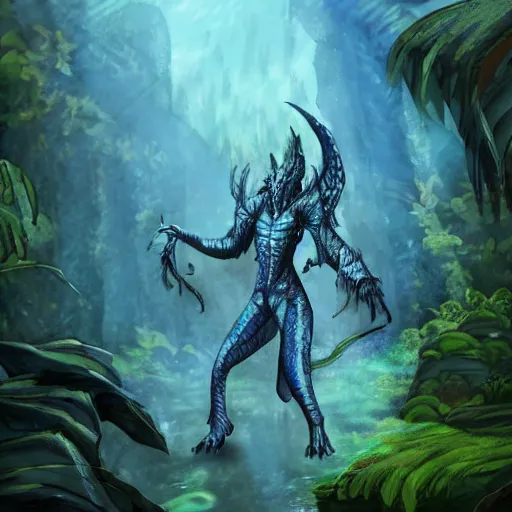 Image similar to A dragonborn with blue scales in a rainforest, trending on artstation, digital art
