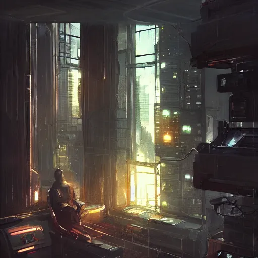 Image similar to cyberpunk living room interior, windows, light rays, buildings, dystoptian, gorgeous view, depth, painted by Seb McKinnon, clouds, tending on artstation