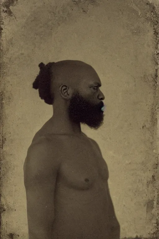 Image similar to an African American man's face in profile, long beard, made of flowers and fruit, in the style of the Dutch masters and Gregory crewdson, dark and moody