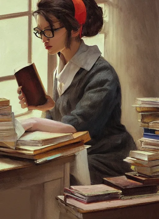 Prompt: a beautiful masterpiece painting of a librarian by juan gimenez, award winning, trending on artstation,