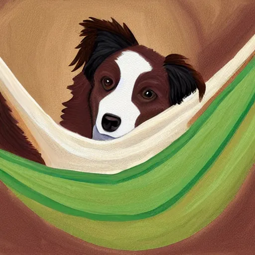 Prompt: brown border collie relaxing in a hammock drinking hot chocolate, digital painting