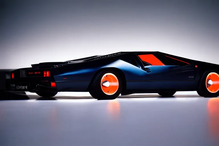 Image similar to designed by john delorean stylized poser of a single 1 9 8 6 lamborghini countach ( ( delorean ) ) ford gt 4 0, large led lights, ektachrome photograph, volumetric lighting, f 8 aperture, cinematic eastman 5 3 8 4 film