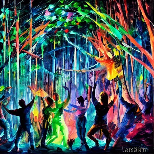 Prompt: rave dance party in the dark with glow sticks by arthur adams, charlie bowater, leonid afremov, chiho ashima, karol bak, david bates, tom chambers