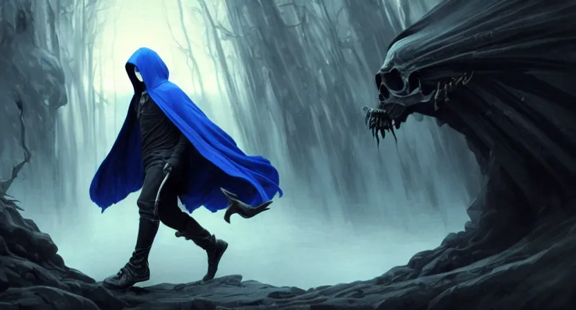 Image similar to handsome mage running away from a giant skull, black hair wearing hooded gothic blue cloak, bone mountain, movie action still frame, ultra wide horizon, intricate, elegant, highly detailed, hyperrealism, digital painting, concept art, smooth, sharp, focus, illustration, art by artgerm, greg rutkowski, ilya kuvshinov, alphonse mucha