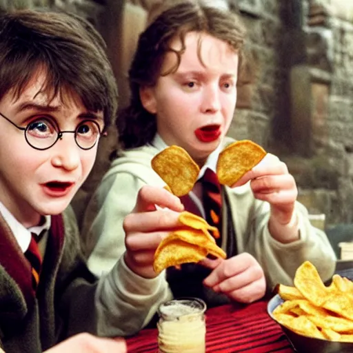 Prompt: harry potter eating chips