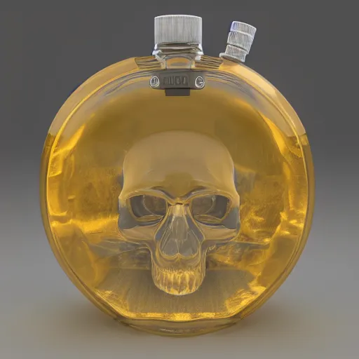 Image similar to transparent ancient flask contains life and death essence, skull cap, raytracing, 3d rendering, octane render