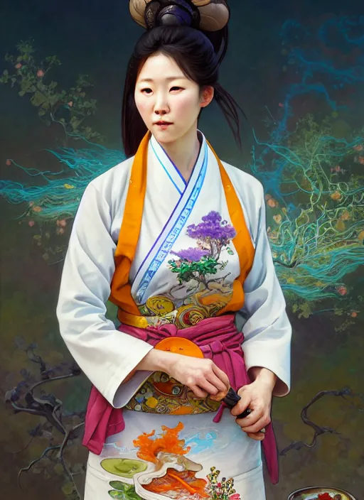 Image similar to character concept of a south korean female chef, wearing a beautiful hanbok inspired apron, holding magical kitchen knives, beautiful rivers of energy flowing in background, by peter mohrbacher and alphonse mucha and loish, 4 k, high resolution, intricate, hyperdetailed, photorealistic, artstation, smooth, sharp focus