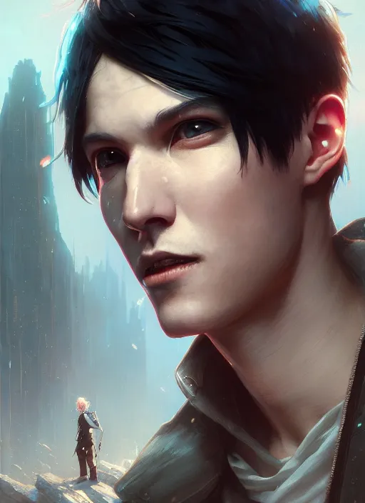 Image similar to Highly detailed portrait of Ken Kaneki, Stephen Bliss, unreal engine, fantasy art by Greg Rutkowski, Loish, Rhads, ferdinand knab, Makoto Shinkai and Lois van baarle, ilya kuvshinov, rossdraws, Tom Bagshaw, alphonse mucha, global illumination, radiant light, detailed and intricate environment