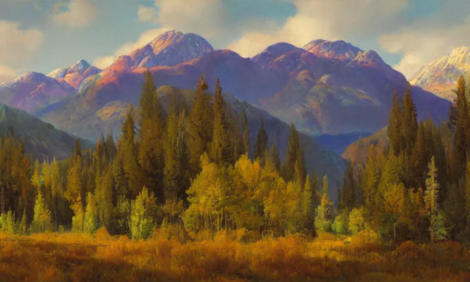 Image similar to Realist colorful impasto painting of the Salmon River mountains by John Harris, 4k scan, oil on canvas,