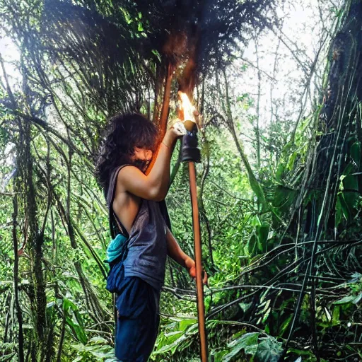 Prompt: korean mowgli, 2 0 years old, with long unkempt and slightly curly hair, holding a torch in one hand and an iphone in the other hand, standing in the jungles of jeju island