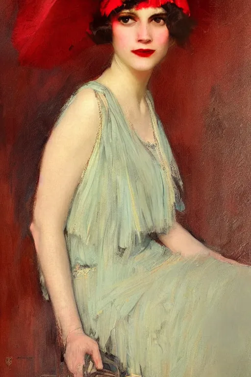 Image similar to Solomon Joseph Solomon and Richard Schmid and Jeremy Lipking victorian genre painting full length portrait painting of a young beautiful woman 1920s flapper , red background