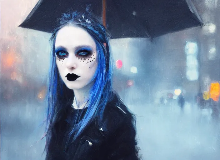 Image similar to detailed portrait of a goth punk girl with blue eyes in the city street at night, bokeh, long exposure, painting by jeremy lipking christopher doyle