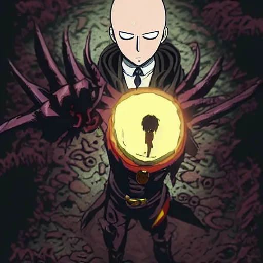 Image similar to concept art of one punch man as a boss in darkest dungeon, highly detailed, dark atmosphere, 2 d, cosmic horror, body horror, lovecraft mythos