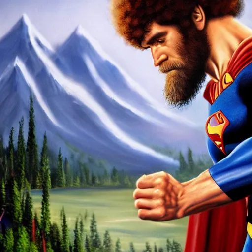 Image similar to a closeup photorealistic photograph of bob ross working on a canvas painting of superman. film still. brightly lit scene. mountains and trees. this 4 k hd image is trending on artstation, featured on behance, well - rendered, extra crisp, features intricate detail, epic composition and the style of unreal engine.