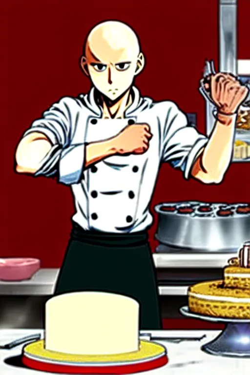 Image similar to chef saitama one punch man, dressed as a pastry chef, focused at making a cake, beautiful anime artwork