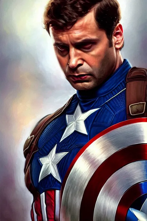 Image similar to Rahul Gandhi as Captain America , Captain America costume, Rahul Gandhi hairstyle, Captain America body type, Rahul Gandhi Face, calm, cute, portrait, baby figure, highly detailed, digital painting, artstation, concept art, smooth, sharp focus, illustration, cinematic lighting, art by artgerm and greg rutkowski and alphonse mucha