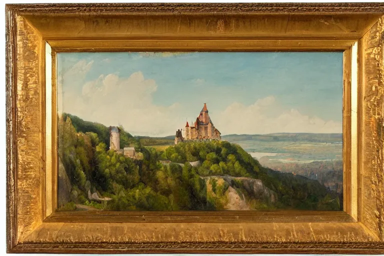 Image similar to a landscape painting of a german castle on the cliff