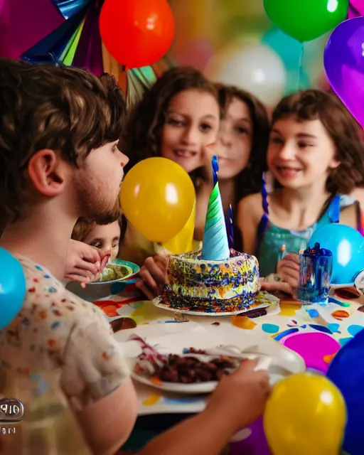 Image similar to pals have a birthday party, hyper realism, cinematic shot, fine details, 8 k, depth of field, professional photo, photorealistic, intricate complexity, extremely detailed, very sharp, award winning photo,